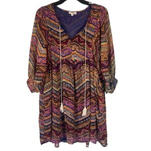 Umgee USA Boho Geometric Print Tassel V Neck Dress Size S